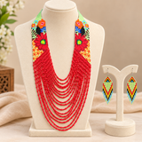Handmade Red Multi-Strand Floral Tribal Beaded Necklace Set with Matching Earrings