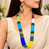 Handmade Multicolor Tribal Multi-Strand Beaded Necklace Set with Matching Earrings
