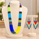 Handmade Multicolor Tribal Multi-Strand Beaded Necklace Set with Matching Earrings