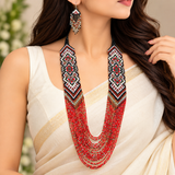 Handmade Ruby Red & Black Tribal Multi-Strand Beaded Necklace Set