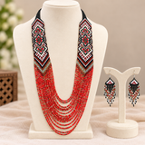Handmade Ruby Red & Black Tribal Multi-Strand Beaded Necklace Set
