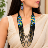 Handmade Blue Floral Black Multi-Strand Beaded Necklace Set