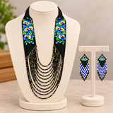 Handmade Blue Floral Black Multi-Strand Beaded Necklace Set