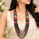Handmade Red & Black Floral Multi-Strand Tribal Beaded Necklace Set