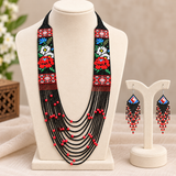 Handmade Red & Black Floral Multi-Strand Tribal Beaded Necklace Set