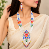 Handmade White Floral Multicolor Tribal Beaded Necklace Set