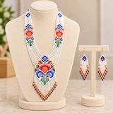 Handmade White Floral Multicolor Tribal Beaded Necklace Set