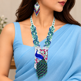 Handmade Peacock & Floral Beaded Statement Necklace Set