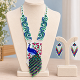 Handmade Peacock & Floral Beaded Statement Necklace Set