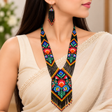 Handmade Black Floral Multicolor Tribal Beaded Necklace Set