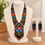 Handmade Black Floral Multicolor Tribal Beaded Necklace Set