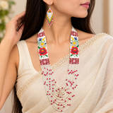 Handmade White & Red Floral Multi-Strand Tribal Beaded Necklace Set