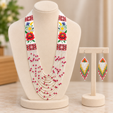 Handmade White & Red Floral Multi-Strand Tribal Beaded Necklace Set