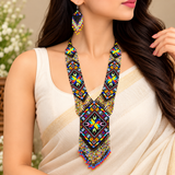 Multicolor Geometric Tribal Beaded Fringe Necklace Set with Matching Earrings