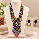 Multicolor Geometric Tribal Beaded Fringe Necklace Set with Matching Earrings