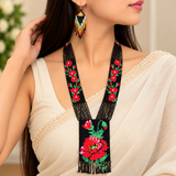 Red Floral Tribal Beaded Fringe Necklace Set with Matching Earrings
