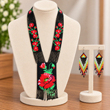 Red Floral Tribal Beaded Fringe Necklace Set with Matching Earrings