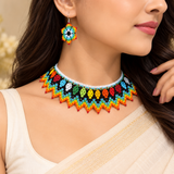 Multicolor Tribal Beaded Collar Necklace Set with Matching Earrings