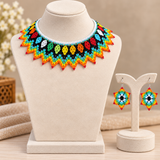 Multicolor Tribal Beaded Collar Necklace Set with Matching Earrings