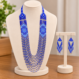 Royal Blue Multistrand Tribal Beaded Necklace Set with Matching Earrings