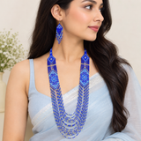 Royal Blue Multistrand Tribal Beaded Necklace Set with Matching Fringe Earrings