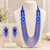 Royal Blue Multistrand Tribal Beaded Necklace Set with Matching Fringe Earrings