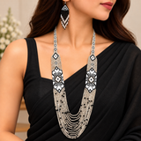 Handmade Ivory & Black Geometric Multi-Strand Beaded Necklace Set