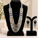 Handmade Ivory & Black Geometric Multi-Strand Beaded Necklace Set