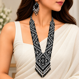 Handmade Black & White Tribal Geometric Beaded Statement Necklace Set