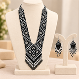 Handmade Black & White Tribal Geometric Beaded Statement Necklace Set