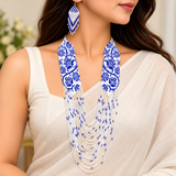 Handmade Blue & White Floral Multi-Strand Beaded Necklace Set