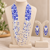 Handmade Blue & White Floral Multi-Strand Beaded Necklace Set