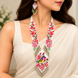 Handmade Pink Floral & Bird Beaded Statement Necklace Set