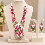 Handmade Pink Floral & Bird Beaded Statement Necklace Set