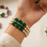3 Layer Green Oval Bead & Pearl Bracelet