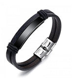 Stainless Steel Silver Leather Charm Bracelet Black