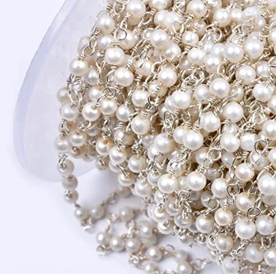 3mm Acrylic Pearl Beaded Chain Silver Plated  in Long Lasting Brass Wire