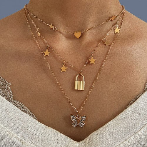 KIKICHIC | NYC | 14k Gold Safety Pin Necklace with charms Moon, Star and  Lightning Bolt