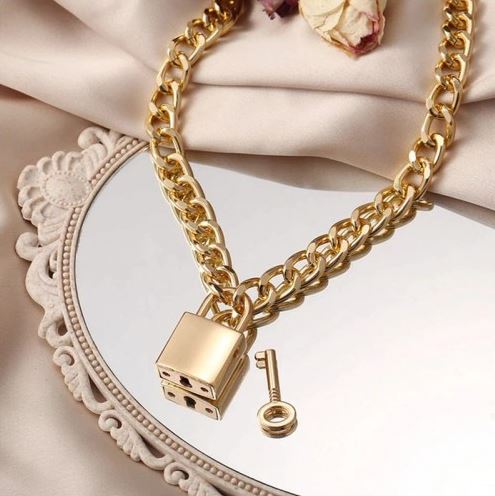 Gold-Plated Layered Chain Lock Pendant Necklace