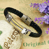 Stainless Steel Wrap Cuff Clasp Black Leather Bracelet