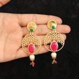 Matte Finish Stone Ethnic Jhumka Earrings Red And Green