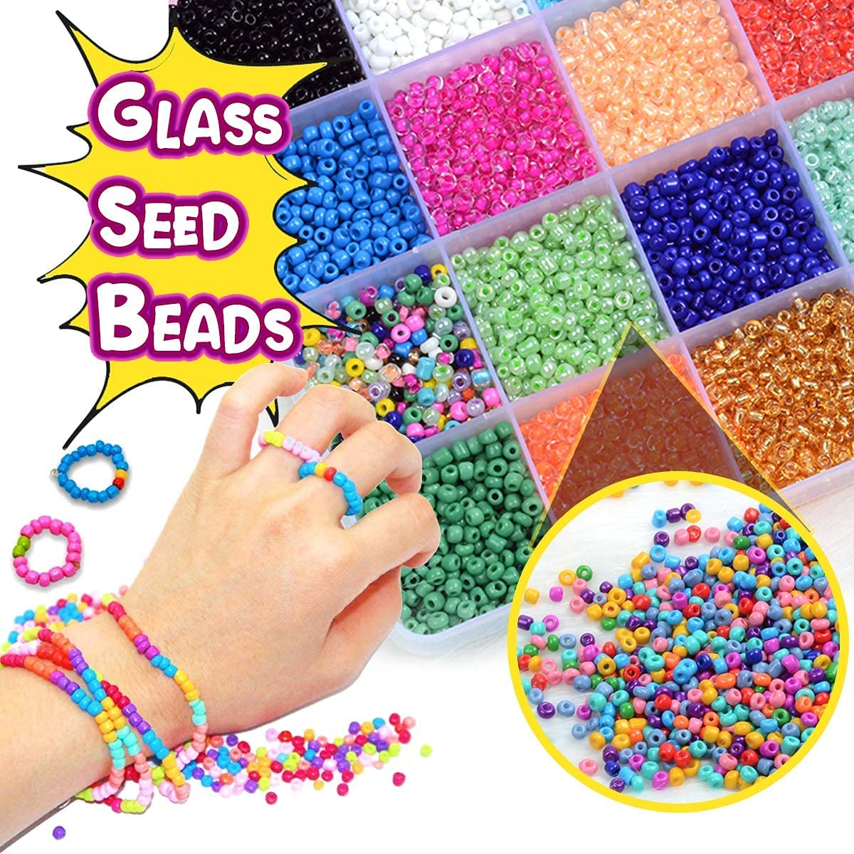 OLIKER 42000Pcs 2mm Glass Seed Beads for Jewelry Making Kit,72 Colors Seed  Beads for Jewelry Making with Alphabet Letter Beads Elastic String for DIY