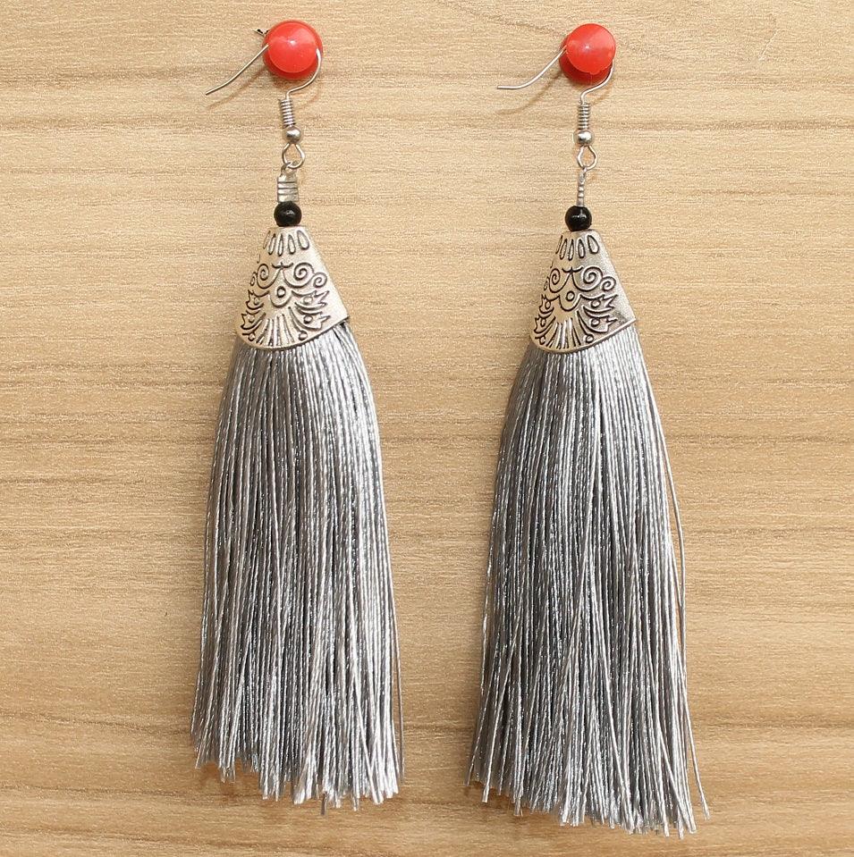 Long Tassel Earrings Grey – beadsnfashion