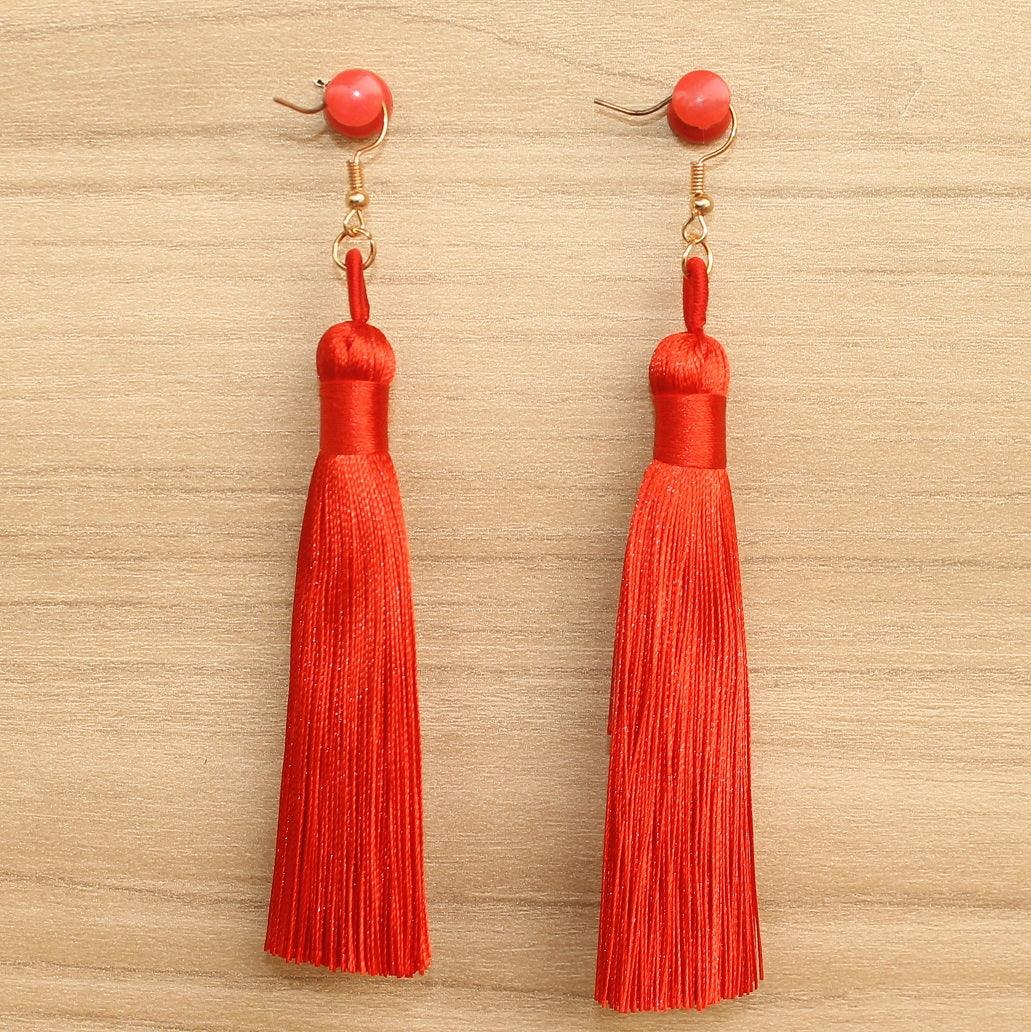 Long Tassel Earrings Red – beadsnfashion - Main Image