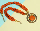 Seed Beads Necklace Orange With Tibetan Pendant