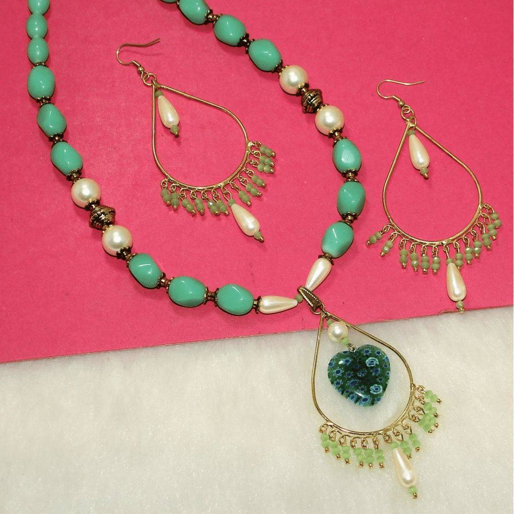 Beaded Necklace With Milifiori Pendant Set Green beadsnfashion