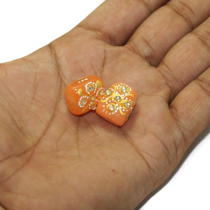 5 Pcs, 17x13mm Handpainted Kundan Work Tumbled Beads Orange