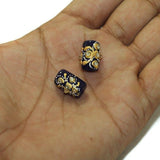 5 Pcs, 16x10mm Handpainted Kundan Work Tube Beads Blue