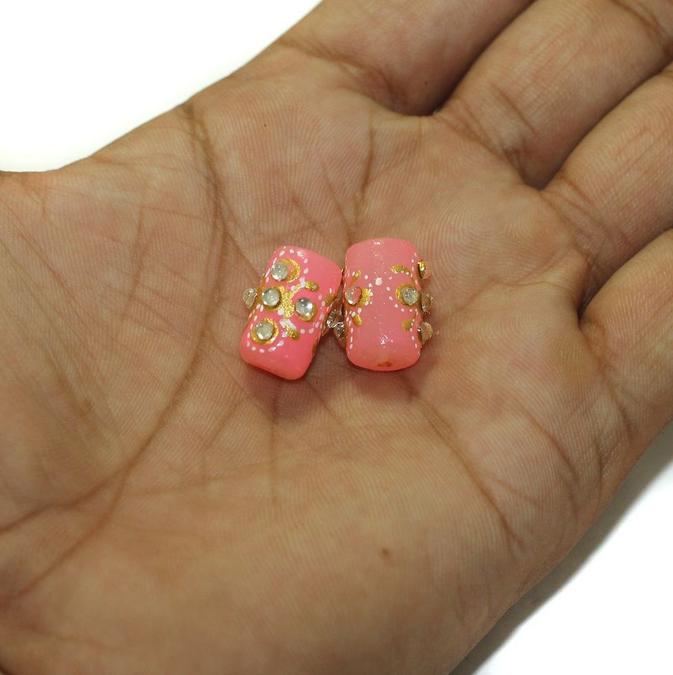 5 Pcs, 16x10mm Handpainted Kundan Work Tube Beads Pink