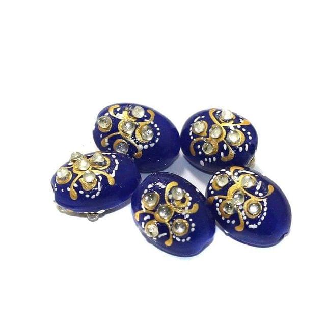 5 Pcs, 17x12mm Handpainted Kundan Work Oval Beads Blue
